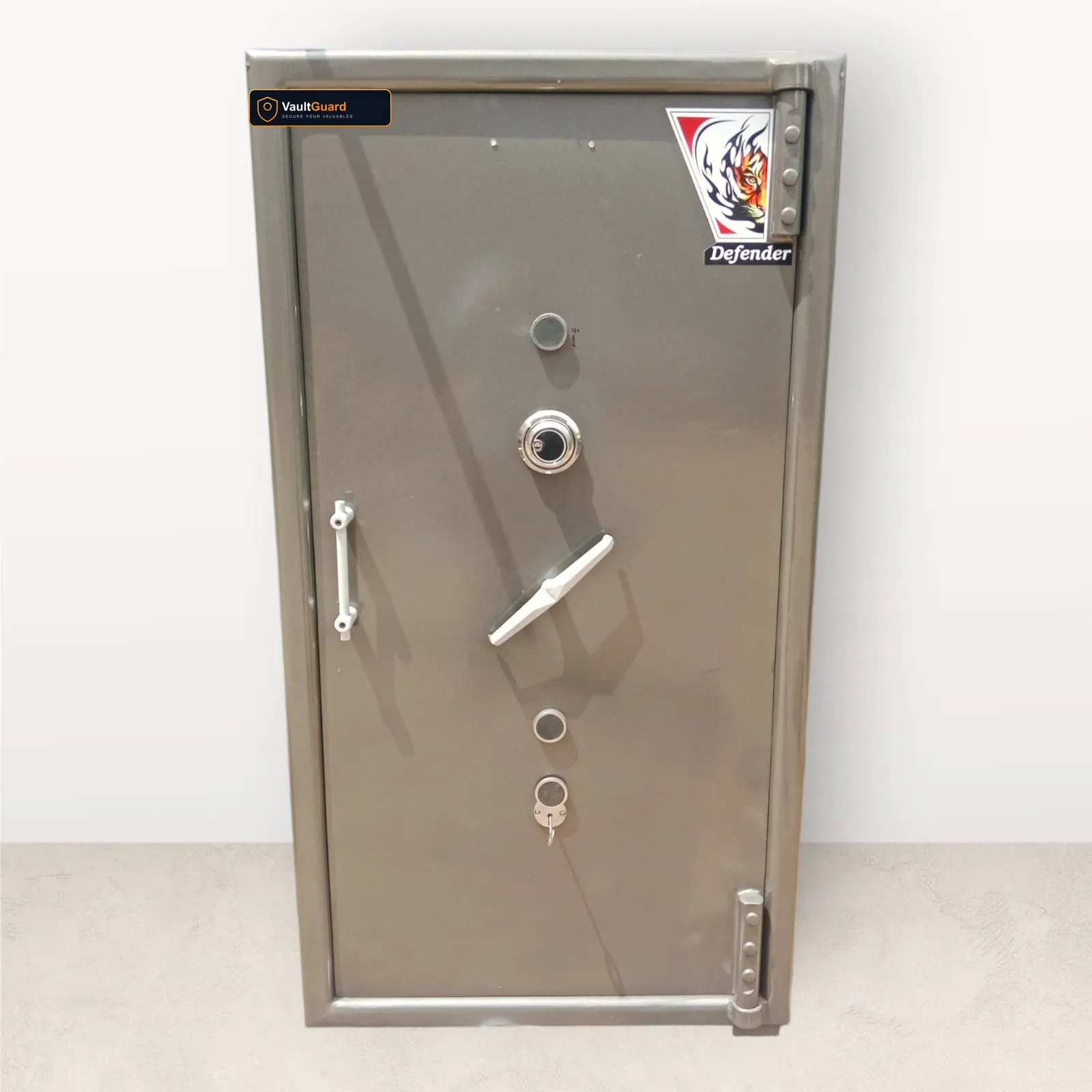 Grey fire-rated safe with key and combination locks